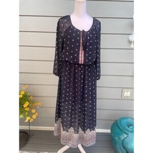 DR2 Size Petite Small Midi‎ Dress Navy Blue Print Long-Sleeve